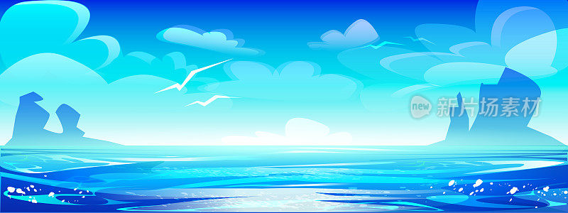 夏季热带海景与岩石和云在卡通风格。创意矢量插图在EPS 10格式。